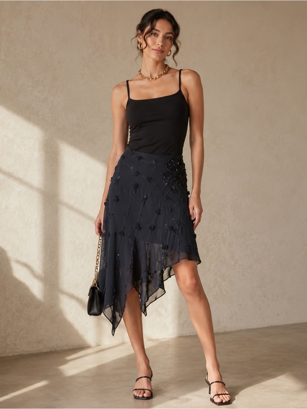 Vintage Lafayette 148 NY Silk Asymmetrical Beaded Skirt Black 6 Petite Y2K